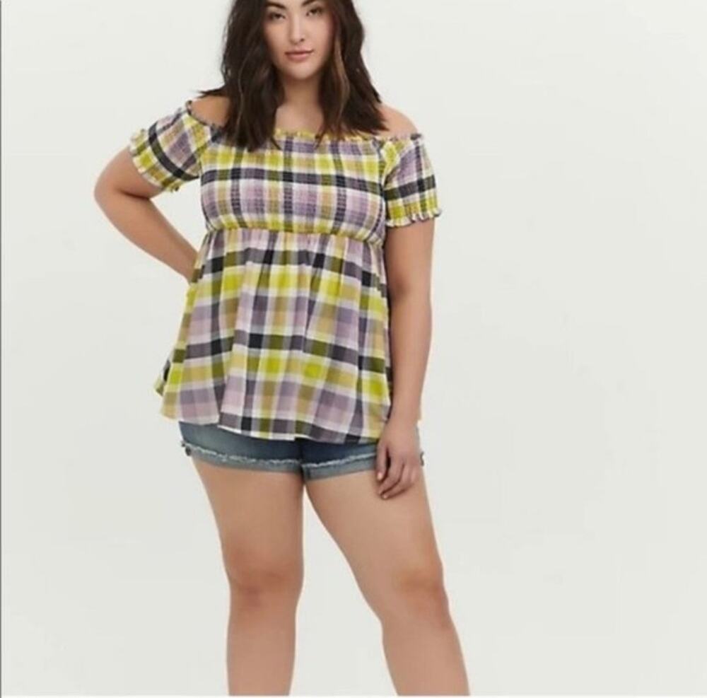 Torrid Womens Multi Color Plaid Smocked Off Shoulder Babydoll Top Size 5X